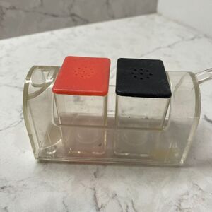 Vintage Clear Red Lucite Mailbox Salt & Pepper Shakers Set with Toothpick Holder